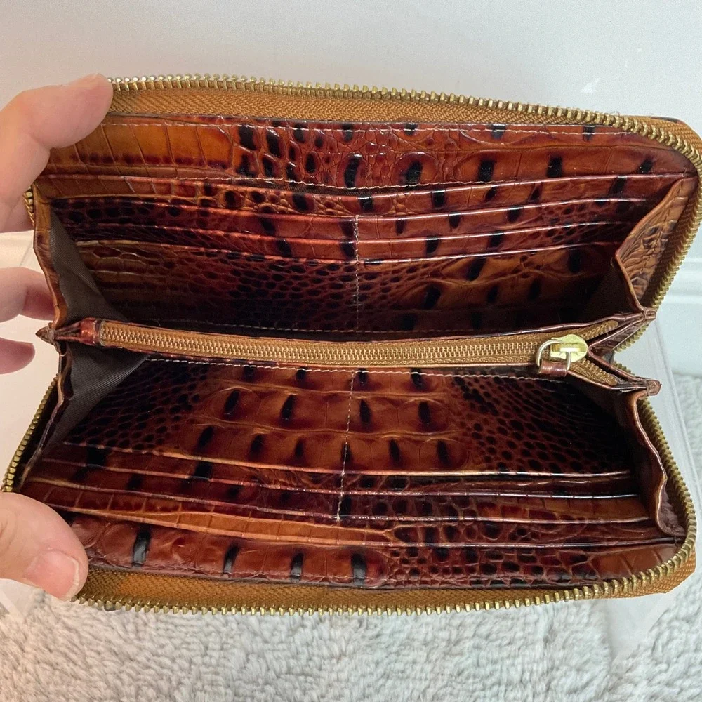Brahmin Vintage Melbourne Zip Around Wallet Pecan Brown Croc Embossed Leather